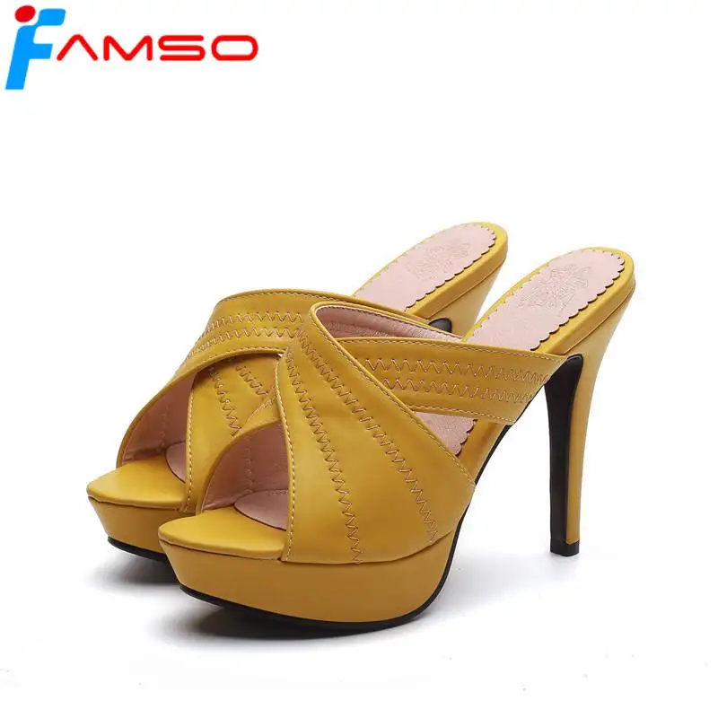

FAMSO Size 34-43 2018 New Women Sandals black yellow Beige Platforms Pumps Peep toe Female Slippers High Heels Slides Sandals