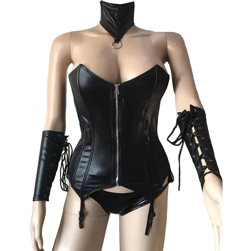 

Women Sexy Black PU Leather Front Zip Over Bust Bustier Corset Neck Collar Gloves Women Fetish Wear Mistress Costume