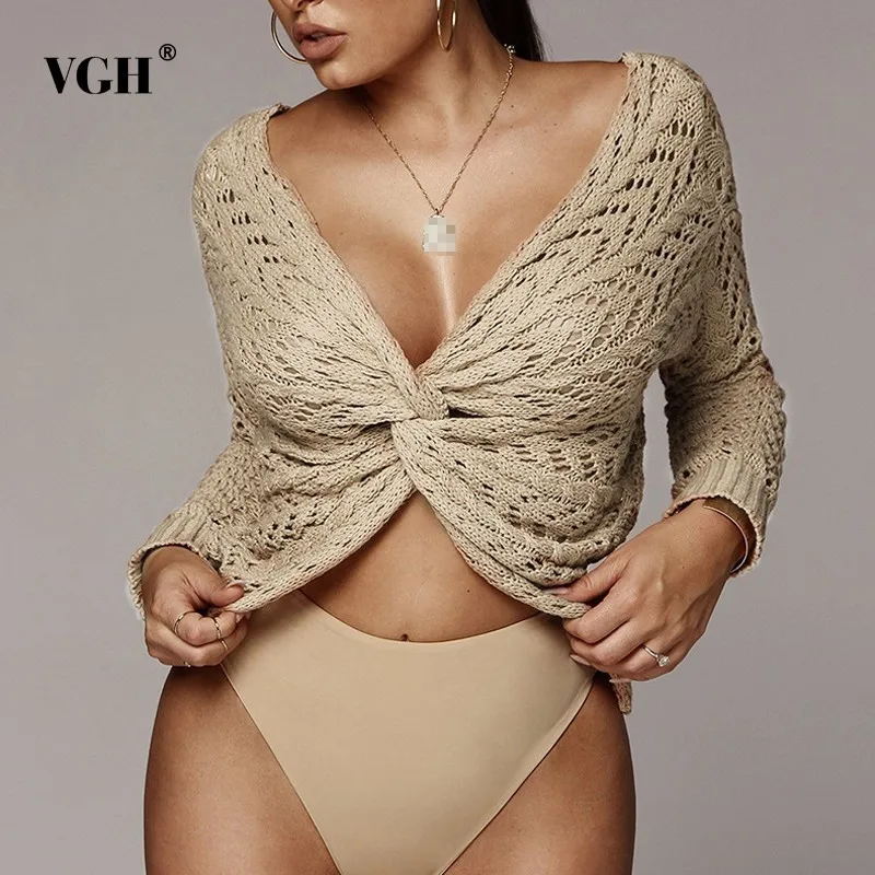 VGH Knitted Female Sweater For Women Top Two Wear Sexy Deep V neck Hollow Out Autumn Sweaters Jumper Clothes Fashion Casual New | Женская