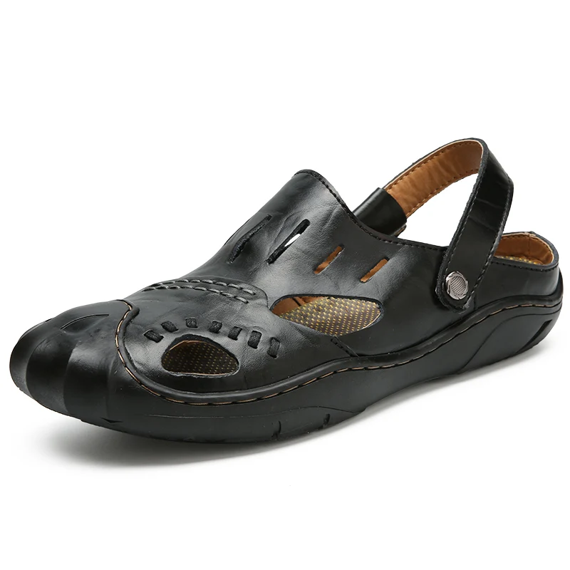 VKERGB Leather Slippers Men Summer cool shoes Split Leather Men Beach Sandals Walking Beach Flip Flops flat Shoes Genuine