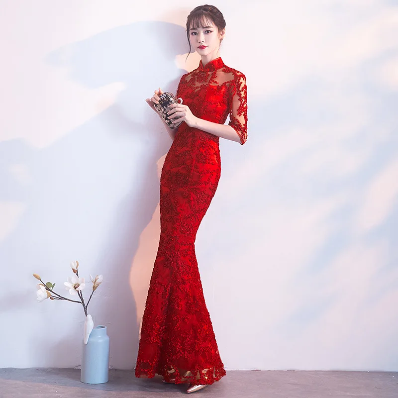 Красное китайское свадебное платье женское длинное платье с рукавом до локтя Cheongsam тонкое китайское традиционное платье женское платье Ципао для свадебной вечеринки - Цвет: red