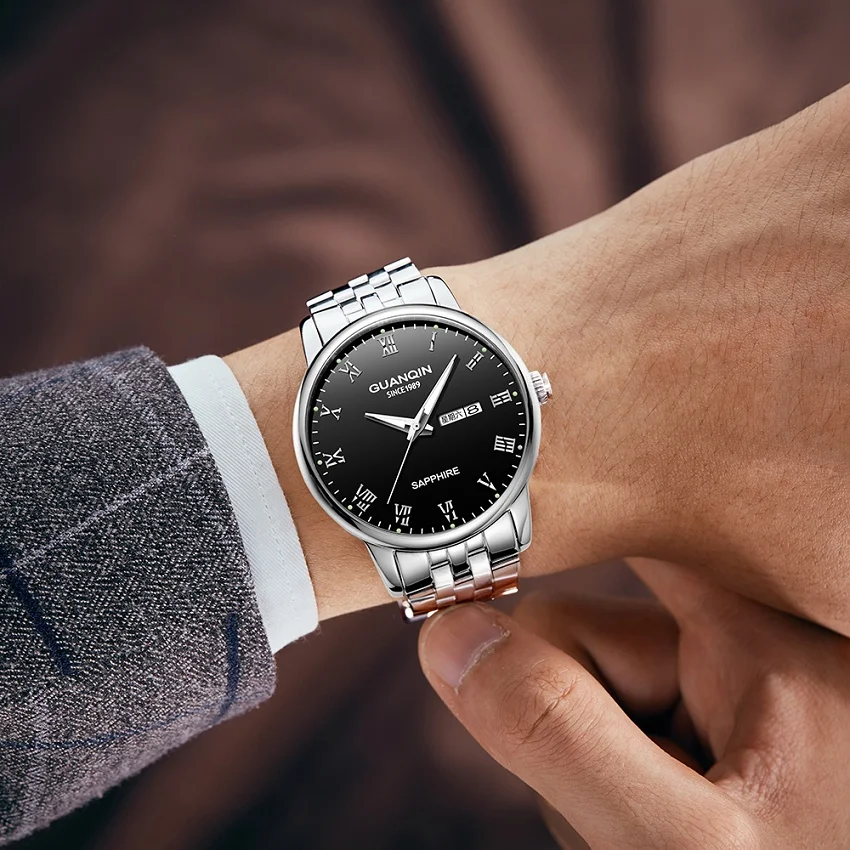 GUANQIN Relogio Masculino часы для мужчин бизнес Сапфир мужской роскошный бренд часов кварцевые часы для мужчин водонепроницаемые Стальные наручные часы