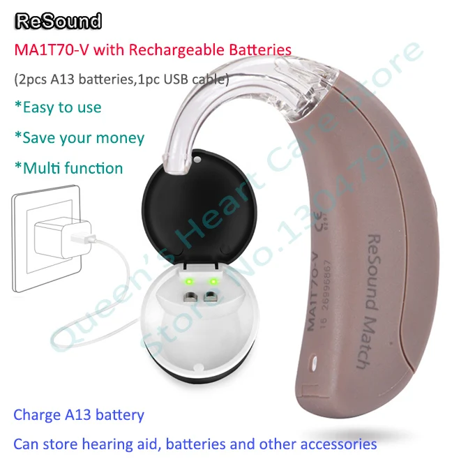 

2018 NEW!Moderate Severe Loss BTE Digital Mini Hearing Aid Aids 3-CH GN Resound mATCH MA1T70-V w Rechargeable Batteries A13
