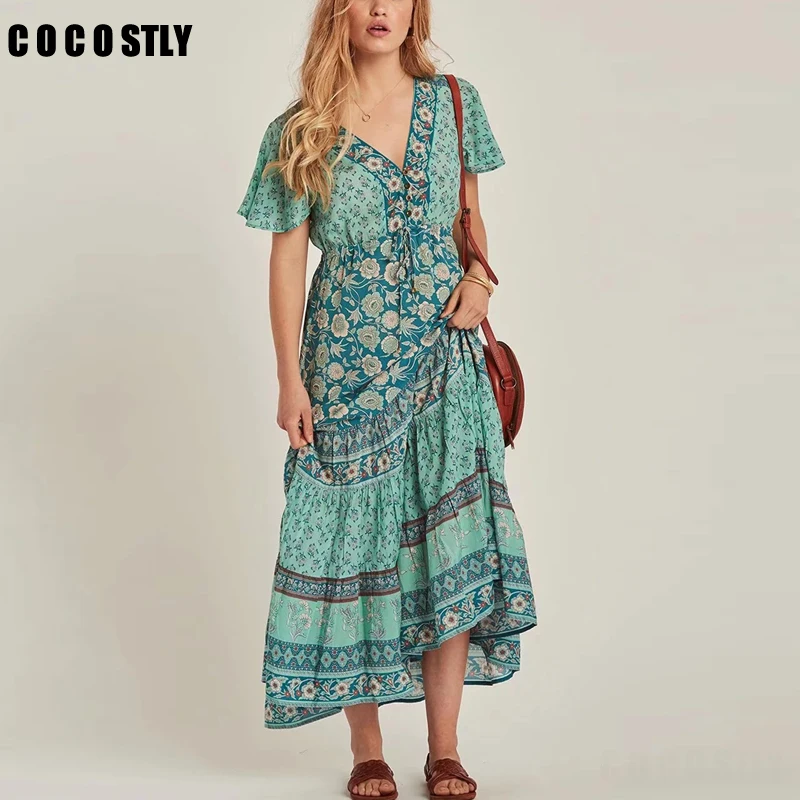 

Bohemia Ethnic Orange Yellow Floral Print Deep V-Neck Waist Tied Bow Short Sleeve Holiday Floor-Lenght Swing A-Line Dress