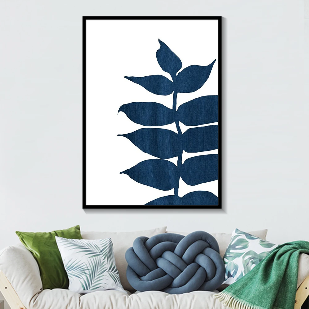 

Black and White Dark Navy Blue Palm Tree Leaves Modern Minimalist Art Print Botanical Denim Posters Picture Room Decor