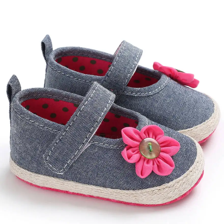 Gray Blue Infant Comfortable Baby Crib Shoes Cute Flower Soft Sole