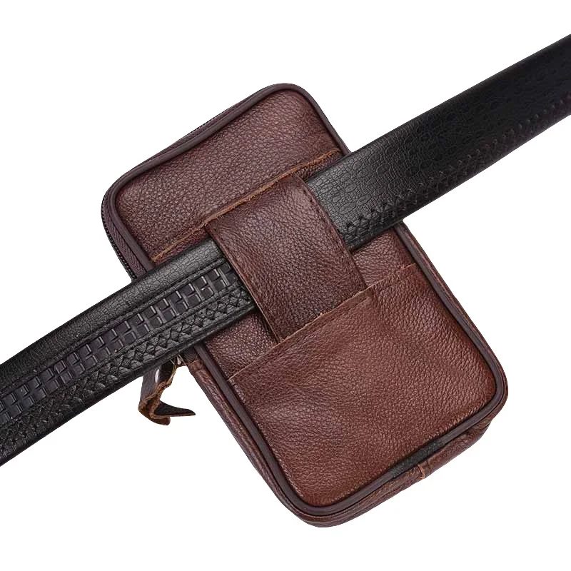 Men Retro Leather Belt Bag Zipper Metal Buckled Wear Waist Bag Phone Case Pouch Wallet Cell Phone Bag
