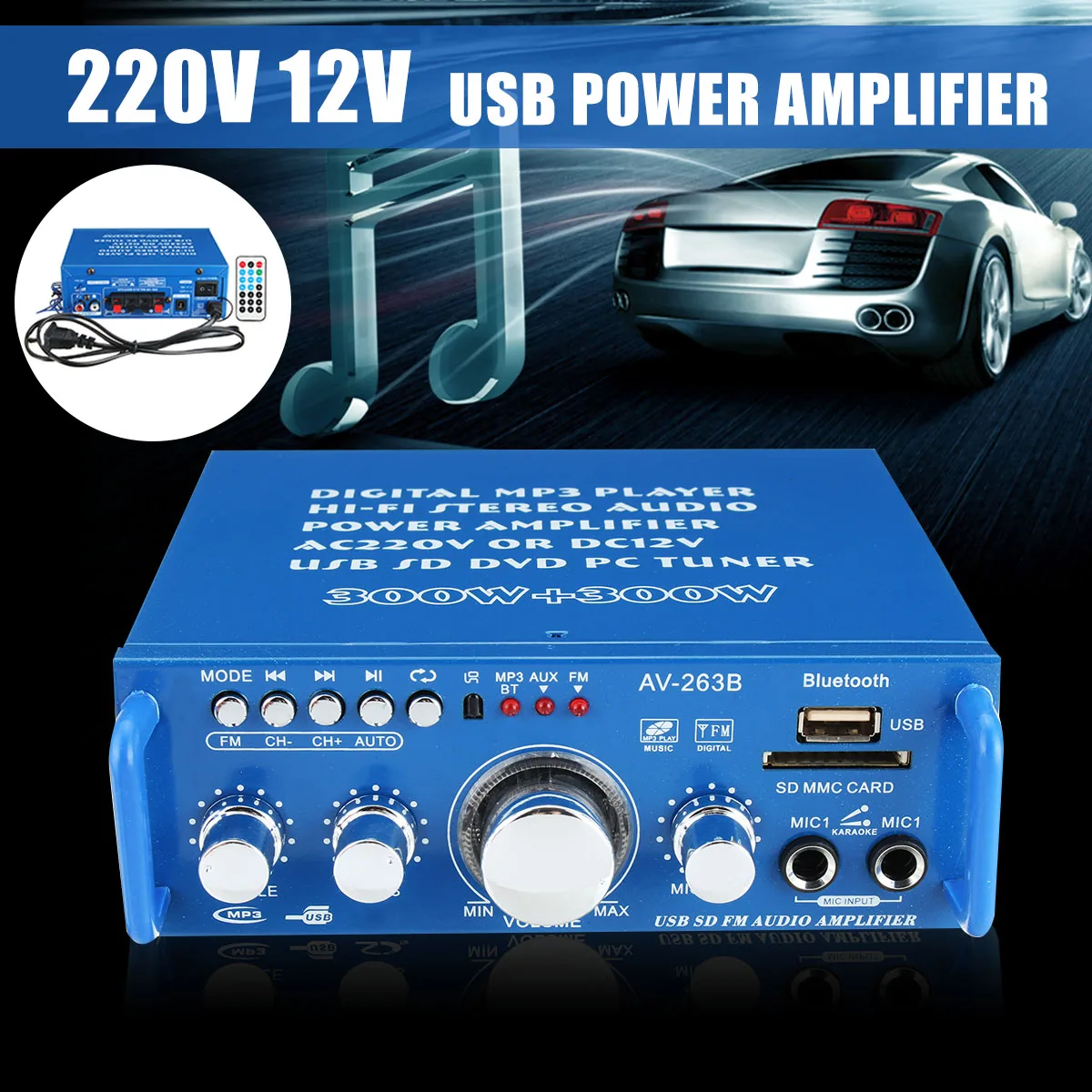 

600w Mini Dual Use Car Bluetooth Hi-Fi Audio Power Amplifier Stereo USB SD FM Player 220V/12V Auto Home Stage w/Remote Control