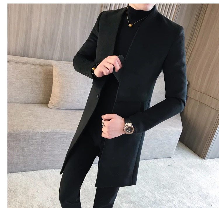 Новая мода, мужское шерстяное пальто с длинными рукавами и воротником, черный, темно-серый, приталенный, элегантный, мужской деловой, банкетный, повседневный пиджак