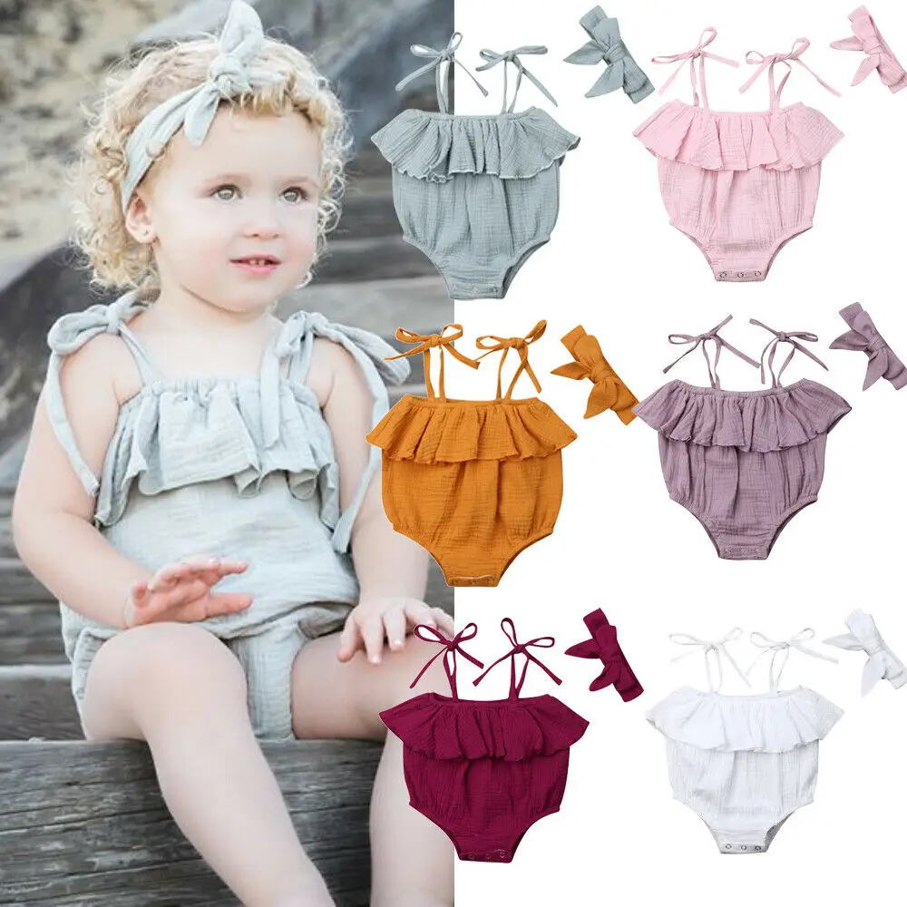 

Newborn Toddler Baby Girls Sling Bodysuit Jumpsuit Headband 2Pcs Outfit Clothes Summer