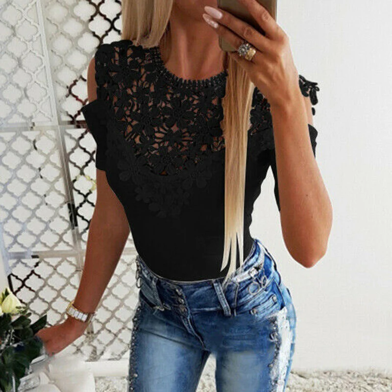 Women Summer Casual Slim T-Shirt Sexy Cold Shoulder Lace Tops Women's Clothes Elegant Ladies Fashion Tunic Shirt Black White