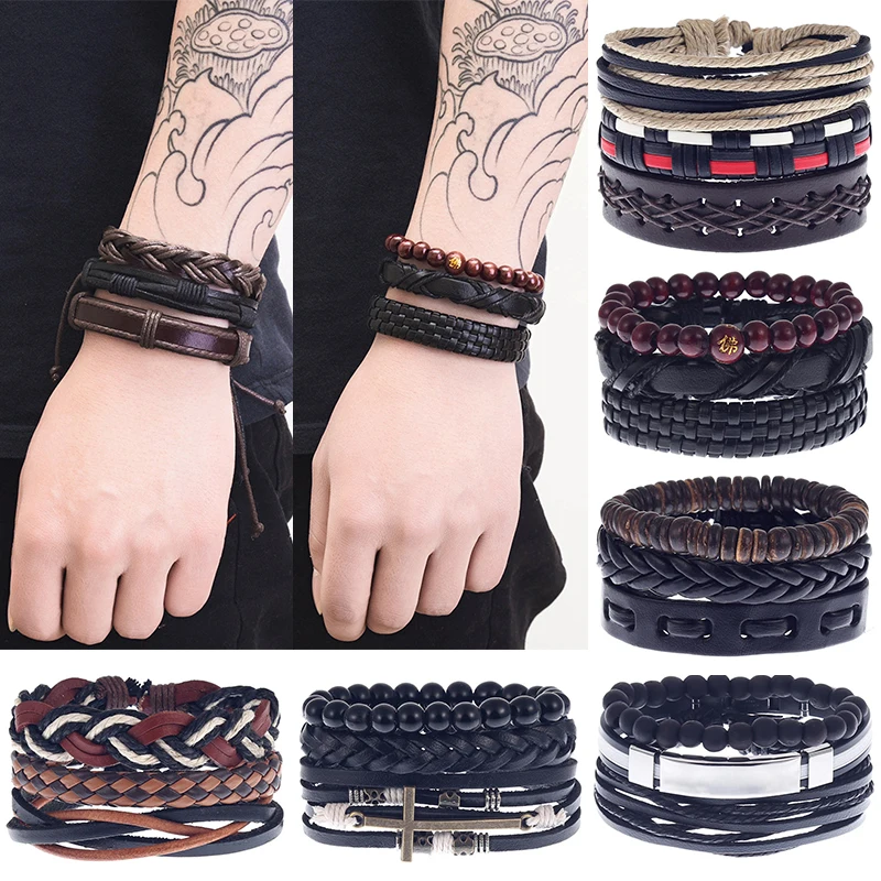 

3Pcs/set Rope Mens Braided Woven Punk Leather Fashion Bracelet Ethnic Beads Multilayer Wrap Cuff Jewelry Bangle Wristband Trendy