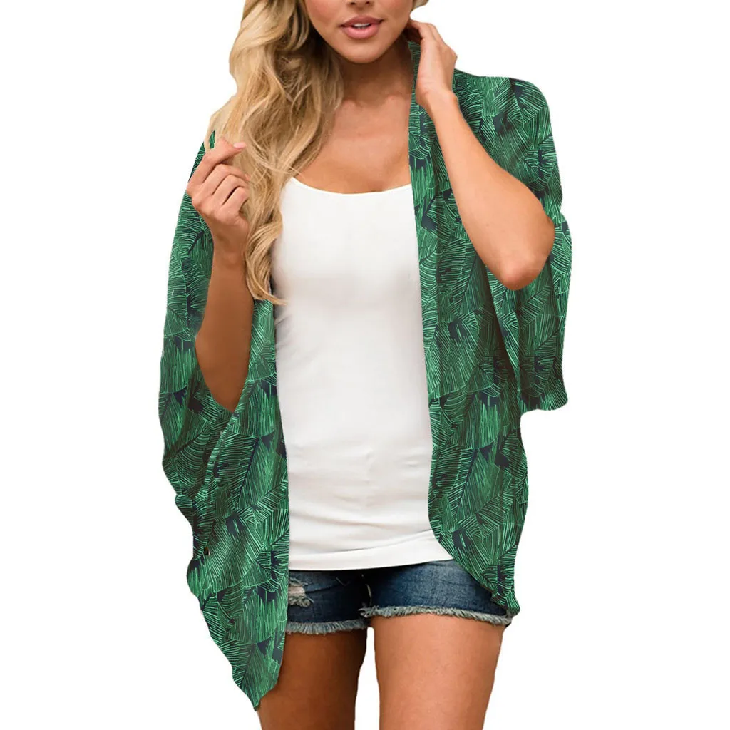 Women Floral Printed Short Half Sleeve Chiffon Kimono Cardigan Tops Blouse