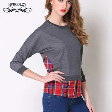 Новинка, весна, плюс размер, женская футболка, топы, имитация двух частей, длинный рукав, модная, Вязанная, сшитая, Женская клетчатая футболка lj557