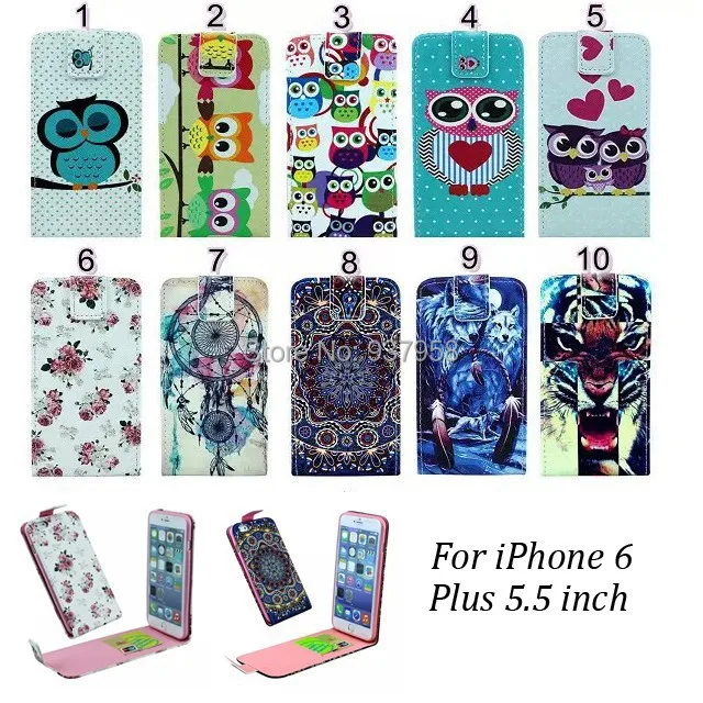 100pcs/lot Free Shipping Cartoon Owl Flower Tiger 2 Credit Card Slots PU Leather Flip Case For iPhone 6 Plus 5.5 inch |