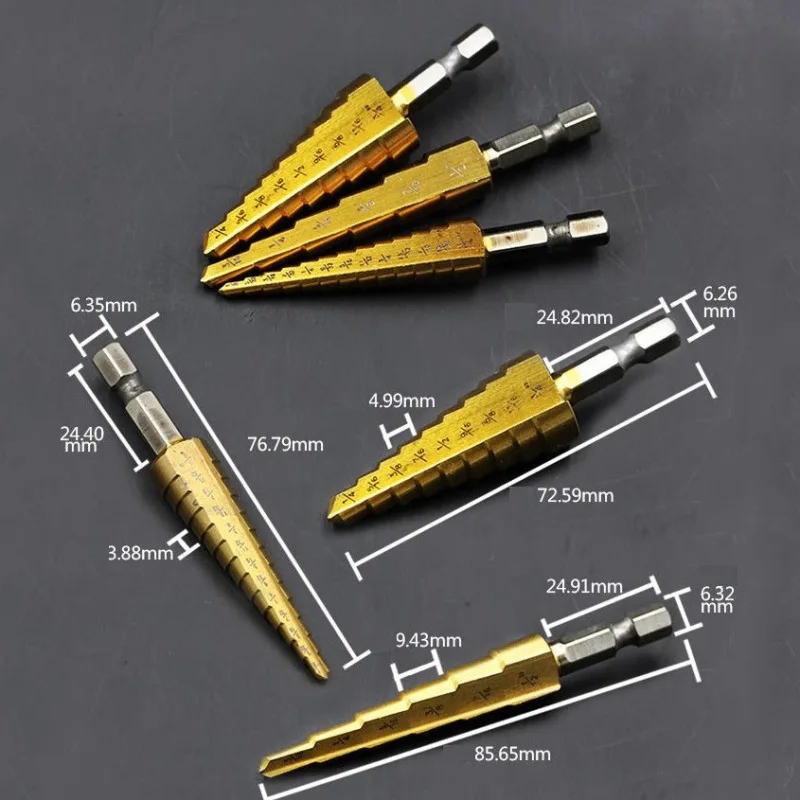 

Multi Functional Cone Tower Shape Drilling Hole Cutter Titanium Coated Steel Step Drill Bit Tool Power Tools 3-12mm 4-12mm 3pcs
