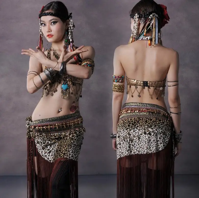 3 предмета Комплект Костюм ats(бюстгальтер Hip шарф брюки) Для женщин Винтаж Цыганский танец живота племенной наряд чашка AD - Цвет: Leopard