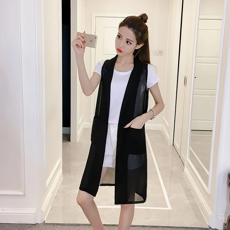 

2019 summer new ladies fashion large size thin section sleeveless cardigan long chiffon vest