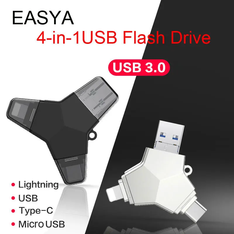 

EASYA USB Flash Drive 32GB 64GB 128GB 4-in-1 OTG USB Stick for Lightning/USB 3.0/Type-c/Micro USB Pen Drive for iPhone PC Laptop