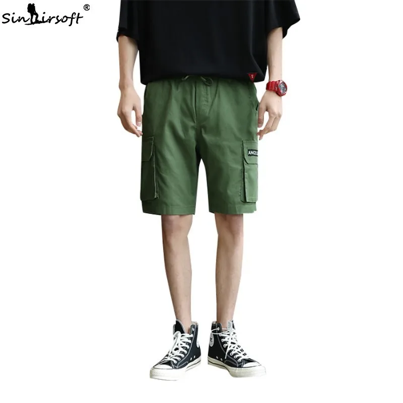 S-3XL Cotton Straight Stretch Cargo Shorts Men Drawstring Waist Letter Print Shorts Male Side Big Pockets Summer Trousers New