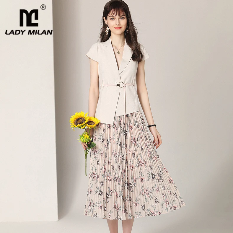 

Women's Runway Twinsets Notched Collar Short Sleeves Blazers with Pleated Floral Skirts Two Piece Dresses Sets