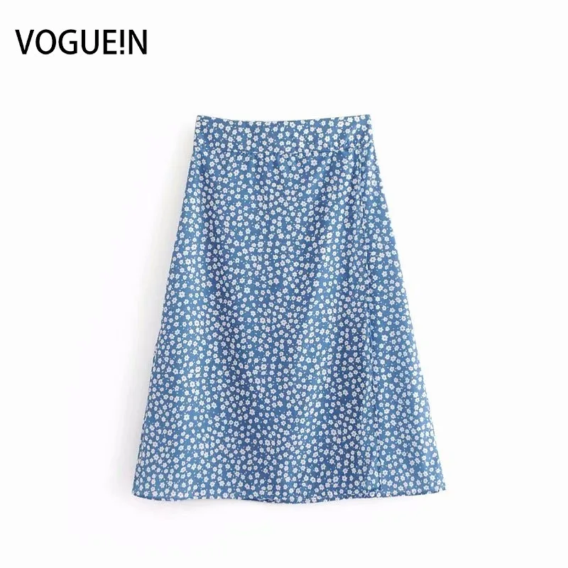 

VOGUEIN New Womens Summer Beach Star Print Blue High Waist A-Line Midi Skirt Wholesale