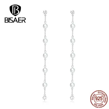 

BISAER Long Chain Earrings 925 Sterling Silver Freshwater Pearl Tassel Stud Earrings for Women Wedding Engagement Jewelry EFE185