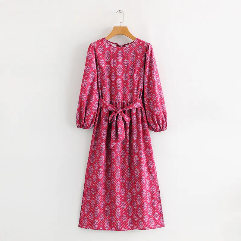 

FF58-624 European and American fashion style vintage printed waistband dress