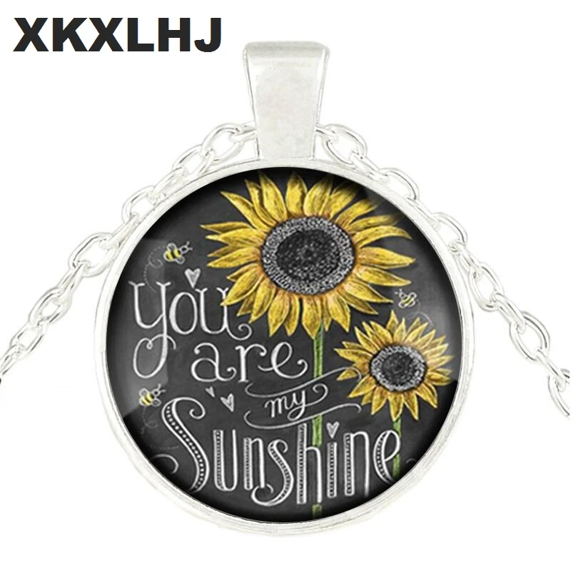 

New Sunflower Neckalce for Women You Are My Sunshine Glass Bronze Chain Pendant Necklace