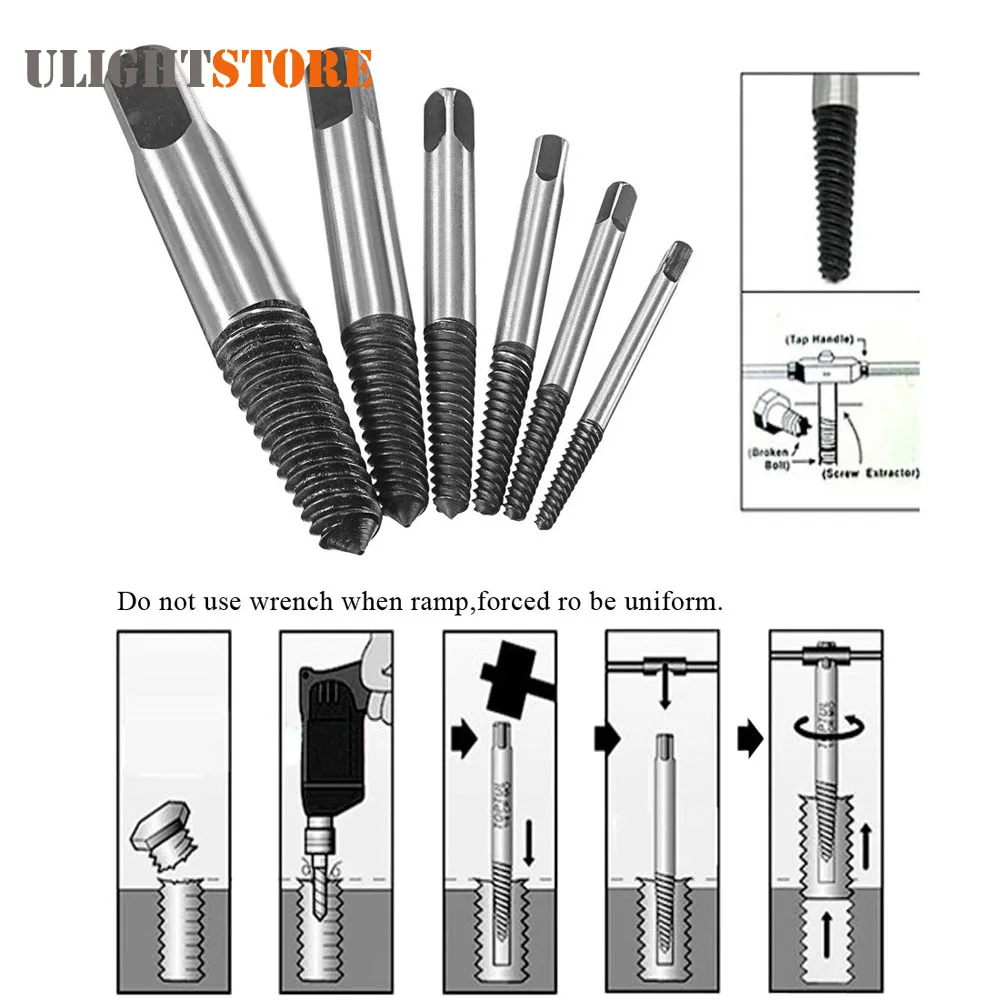 6pcs! Carbon Steel Damaged Screw Extractor Guide Set Drill Bits Broken