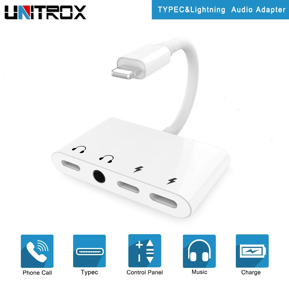 

4 in 1 For Lightning to Audio Splitter With 3.5mm Headphone Aux Jack Adapter With USB C Charge Port For iPhone X/8/7/iPod/iPad