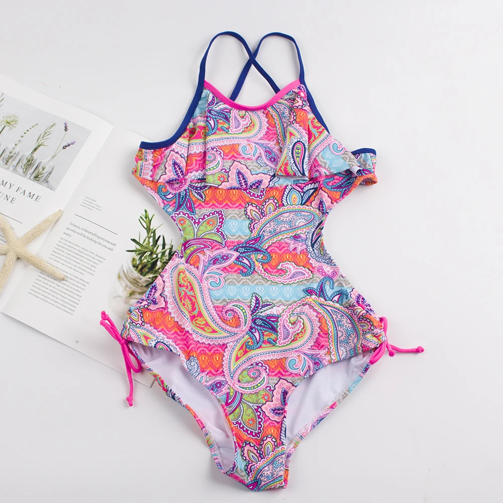 2 цвета в стиле ретро, одежда для купания для девочек, повязка, детский цельный купальник; цельнокроеное платье для девочек Купальники купальный костюм монокини A159