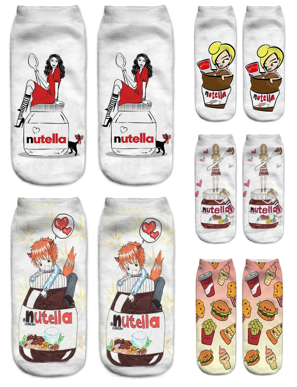 

Women 3D Printed Socks Spring Summer Nutella Pizza Funny Short Hot Happy Cotton Fashionable Female Casual Ankle Socks