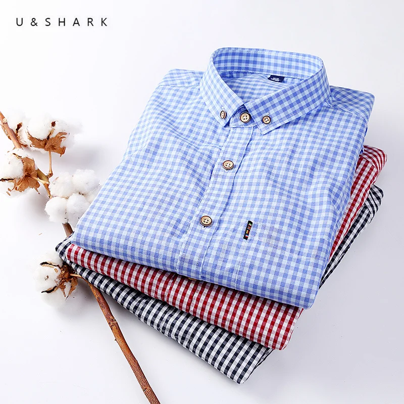 

U&SHARK 100% Cotton Classic Plaid Shirt Men Long Sleeve Casual Shirts Slim Fit Autumn Brand Clothing Stylish Male Social Shirt