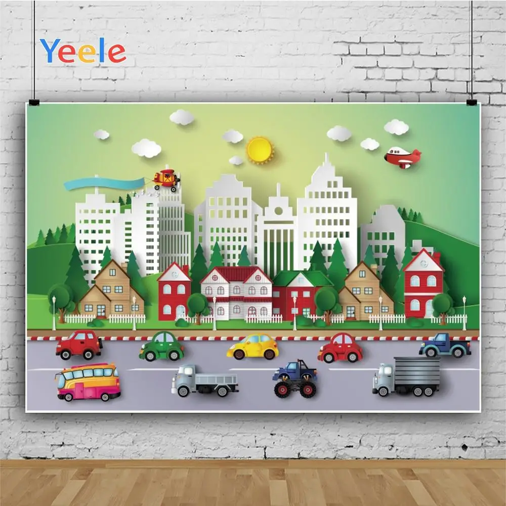 Yeele облака солнце здания автомобили город деревья Мультфильм фотографии фоны для фотографий индивидуальные фоны для фотостудии