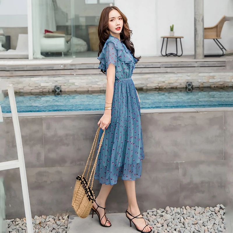 Elastic Waist Chiffon Print Dot Dress Summer Beach Mid-Calf Stand Collar Bow Sweet Ruffles  Refined Pleated Women's Summer Dress