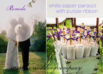 

Newest Style ( 1pcs/lot) wedding paper umbrella with purple ribbon/ wedding white paper parasol for bride