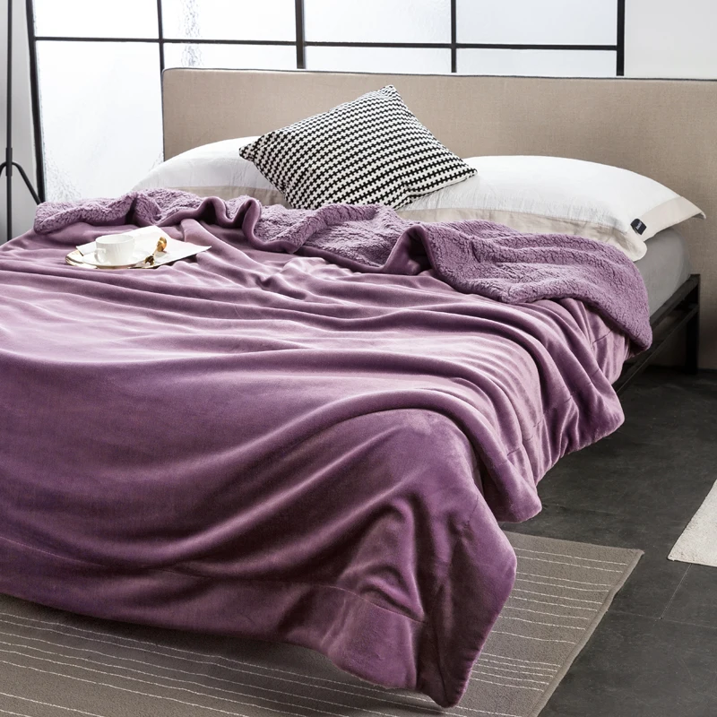 Solid Color Double Layers Sherpa Blanket Throw Cozy Warm Blankets Sleeping for Winter Bedding King Size | Дом и сад