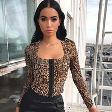 Hiawatha/ женские сексуальные топы с леопардовым принтом, Весенние футболки с длинными рукавами и квадратным воротником, T3791