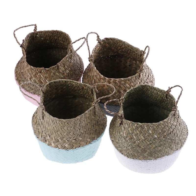 

Handmade Bamboo Storage Baskets Foldable Laundry Straw Patchwork Wicker Rattan Seagrass Belly Garden Flower Pot Planter Basket