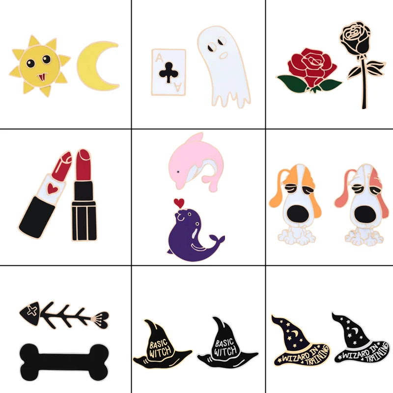 

2Pcs/set Witch Style Hat Brooch Badges Poker Ghoul Pokemon Dolphin Whale Shark Bone Skeleton Pin Flower Dog Sun Moon Lipstic Pin