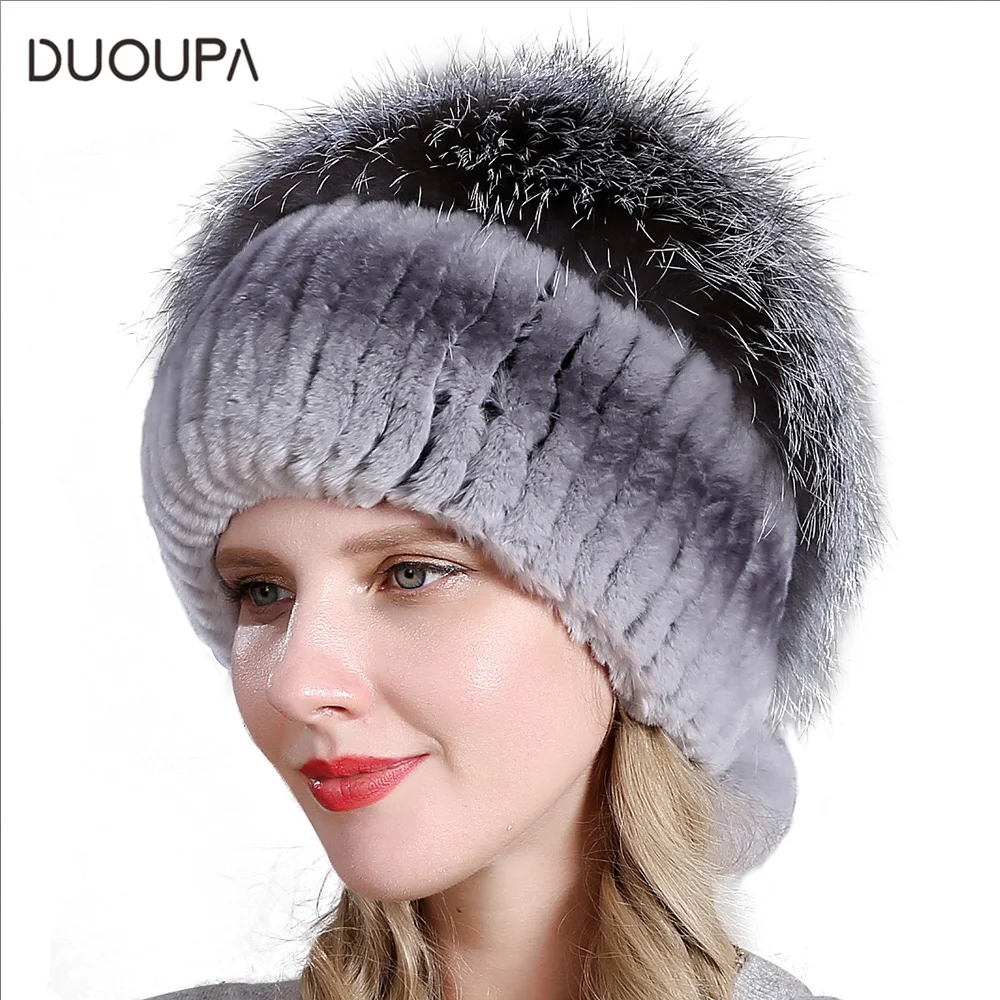 

DUOUPA 2019 Hot Sale Fashion Winter Warm Women Knitting Caps Mink hats Vertical weaving with FOX Fur cap winter hats for women