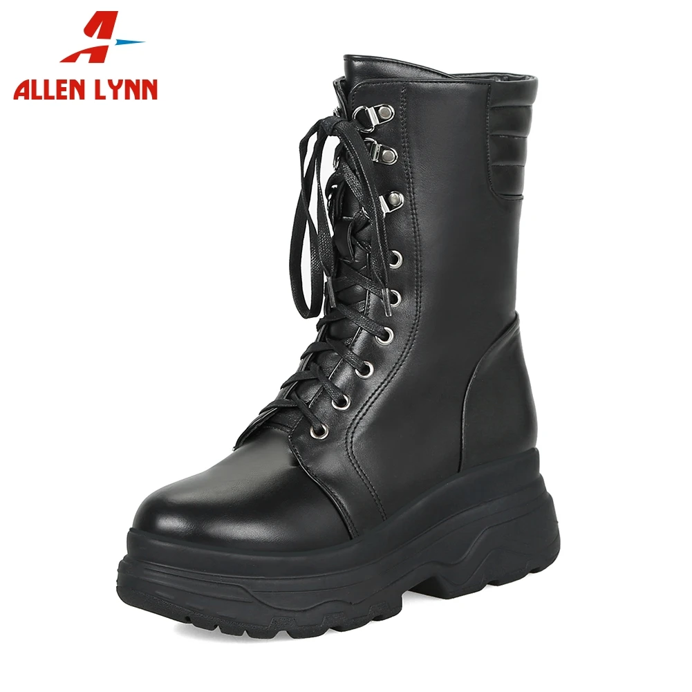 ALLENLYNN Large Size 33-43 Black Fashion mid-calf Platform Motorcycle Boots Women Winter 2020 Fur lace-up High Heels Shoes Woman | Обувь