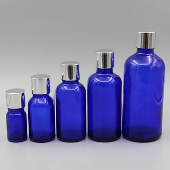 

2/10pcs 5ml 10ml 15ml 20ml 30ml 50ml 100ml Blue Glass Essential Oil Bottles with Silver Aluminum Screw Cap 5 kinds of inner plug