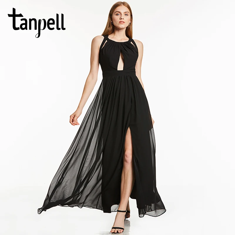 Tanpell halter evening dress black sleeveless a line