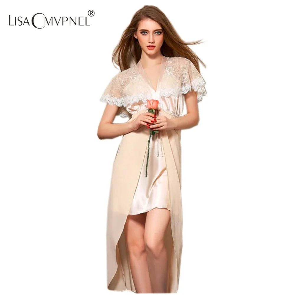 

Lisacmvpnel New Arrive Hight Quality Rayon Women Sexy V-Neck Nightgown Long Section Lace Elegant Sleepwear Free Shipping