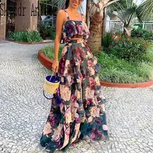 Women Summer Boho Beach Two Piece Set Sexy Skirt Set Crop Top+Maxi Long Skirt Floral Printed Ruffles High Waist Casual Two Piece