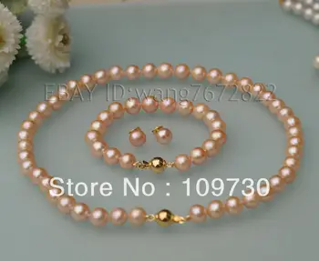 

Jewelry 00302 Sets AA 9-10mm pink cuitured akoya pearl necklace bracelets earrings