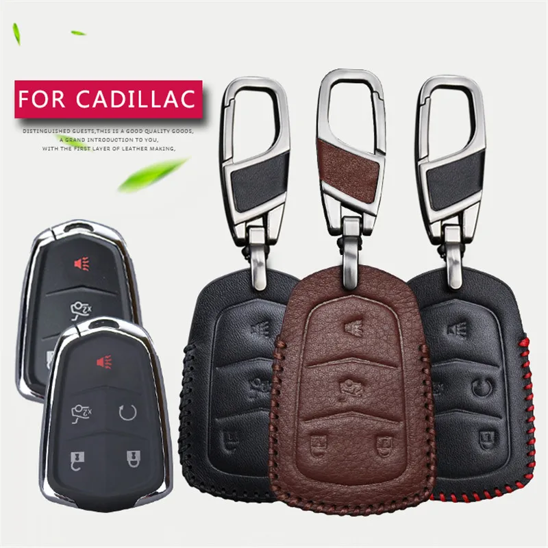 

Car Key Case Cover For Cadillac Escalade ESV XTS ATS CTS SRX 6BT CT6 ATS-L XT5 BLS Key Ring Genuine Leather Smart Key Holder