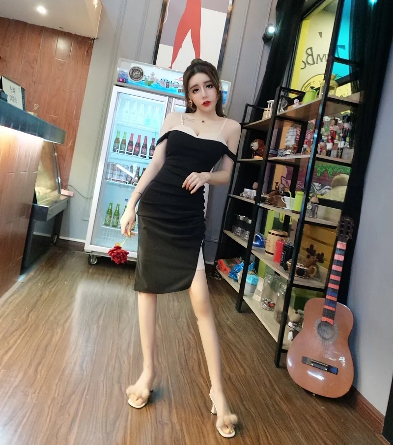 2018 New Arrivals Summer Women sexy Brassiere  strapless  A word collar  fold  Forking Paty  Dress Free Shipping